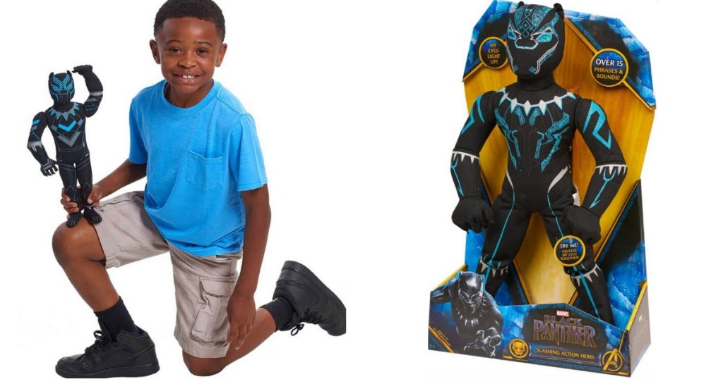 Boy holding Black Panther Plush next to Black Panther Plush in box