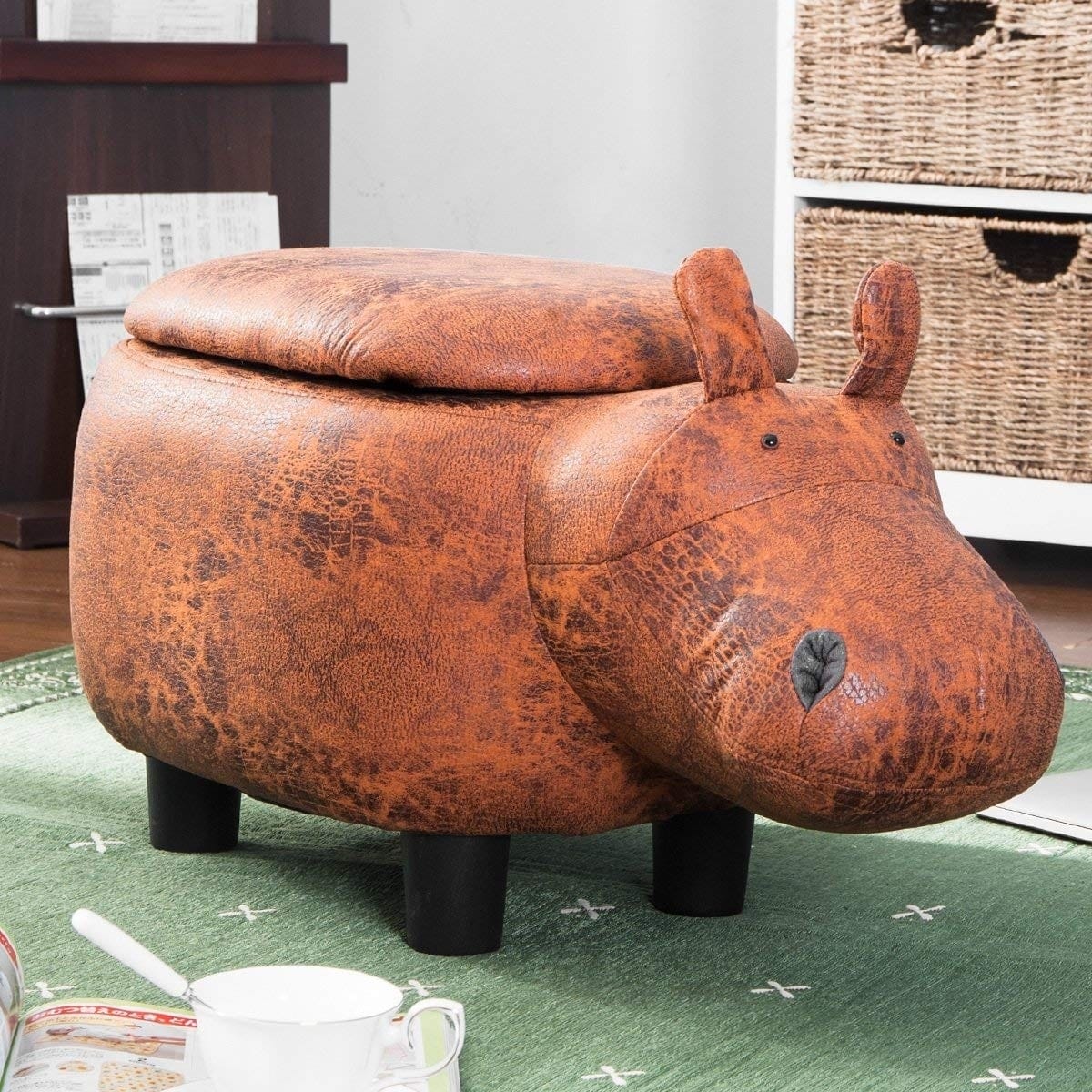 Brown Hippo Animal Storage Ottoman Footrest Stool in room on green carpet