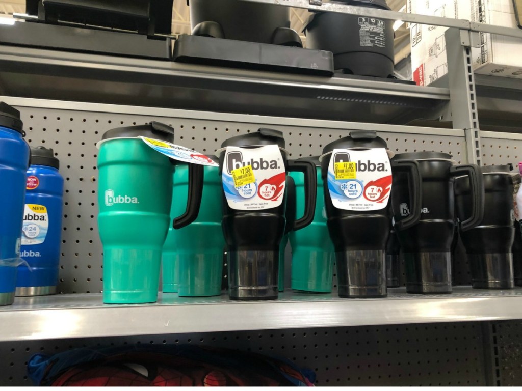 store shelf with green and black bubba cups