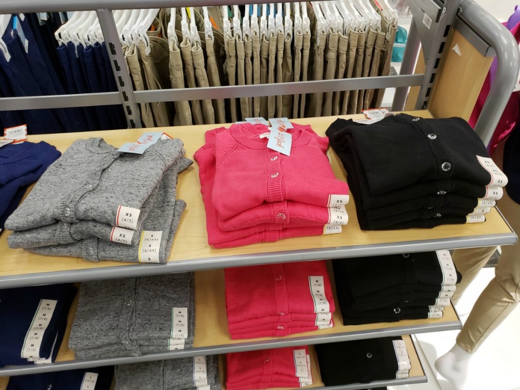 grey pink and black cat and jack sweaters on store shelves