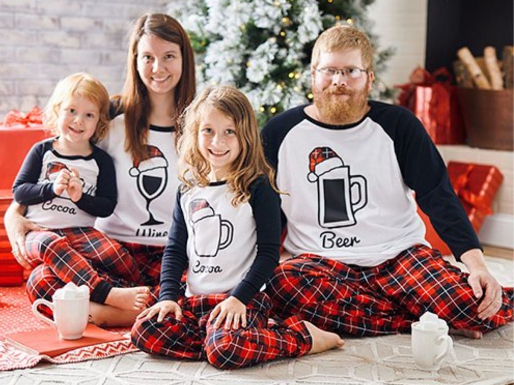 family wearing christmas drinks Pajamas