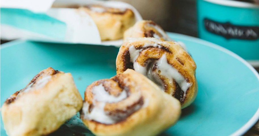 cinnabon bonbites on blue plate