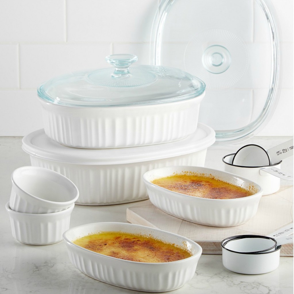 Ten piece set of Corningware backware in french white with coordinating tops