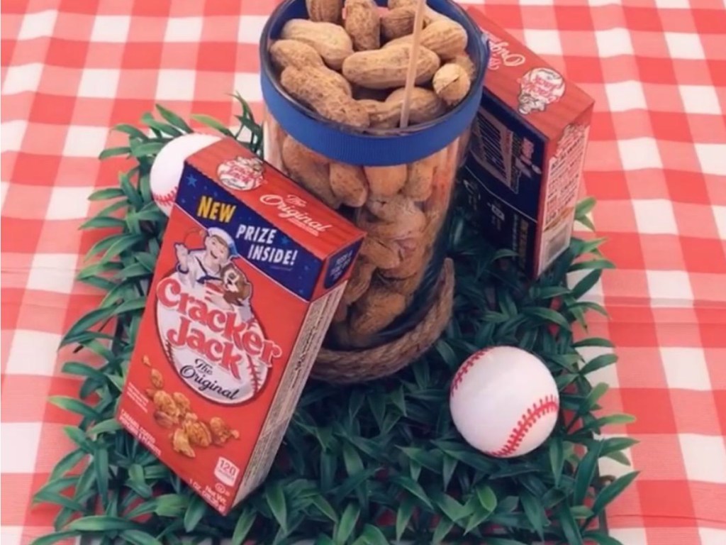 Cracker Jack Boxes on baseball-themed party table