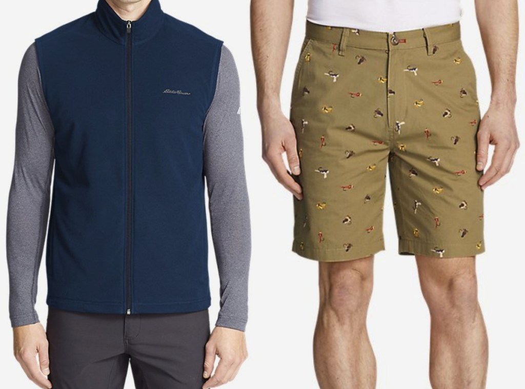 Men standing in Eddie Bauer printed shorts and fleece zip-up vest