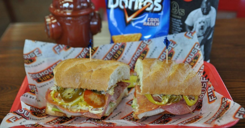 Firehouse Subs tray with sub, drink,and chips