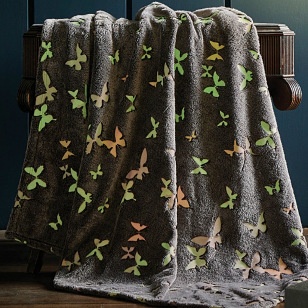 Gray plush butterfly-print throw blanket