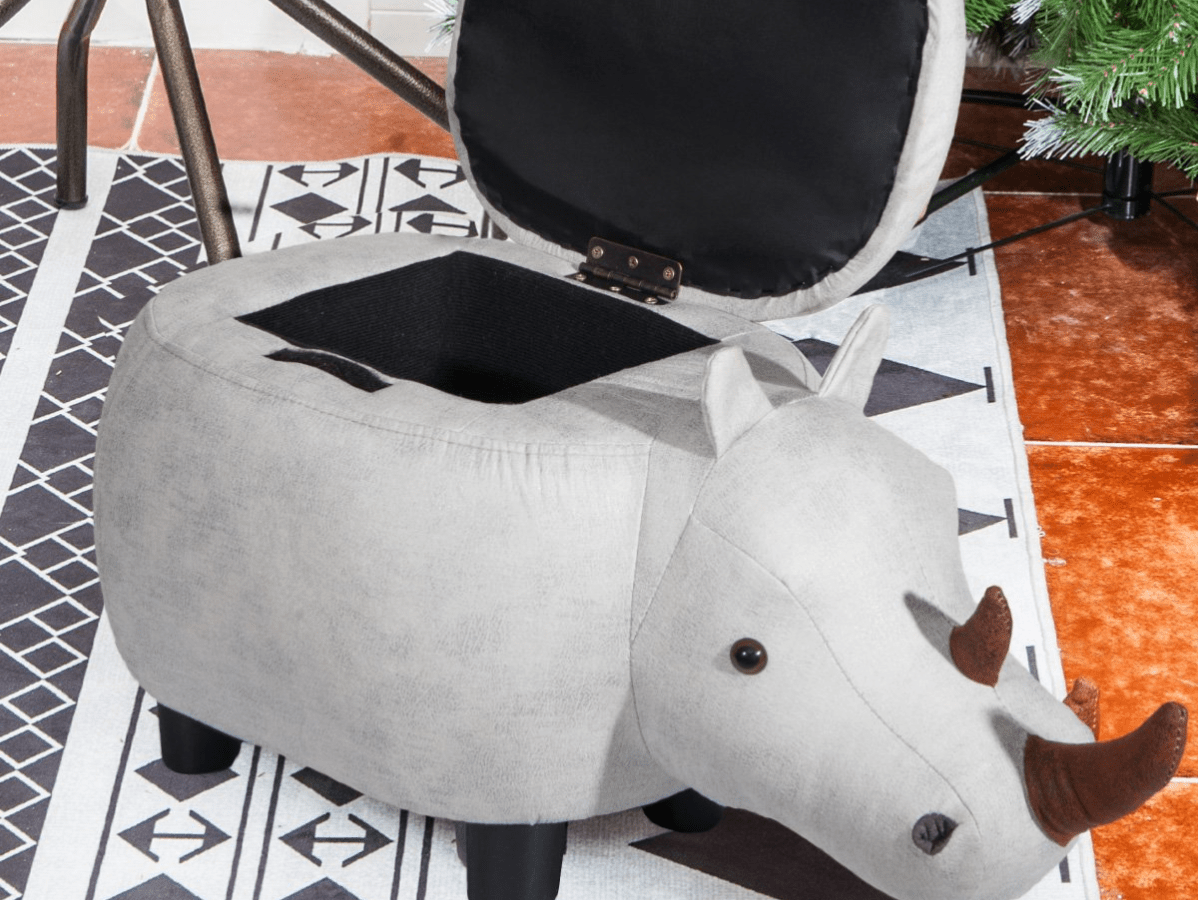 Grey Rhinoceros Animal Storage Ottoman Footrest Stool with lid opened in room on black and white carpet