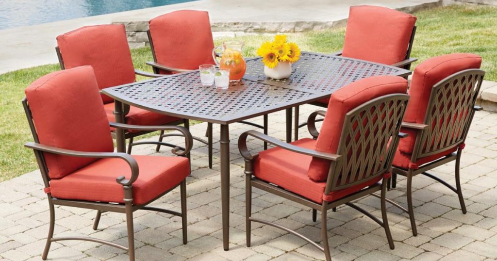 hampton bay oak cliff 7 piece patio set in red