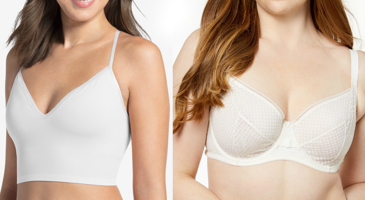 Women wearing two different styles of white bras from Macy's