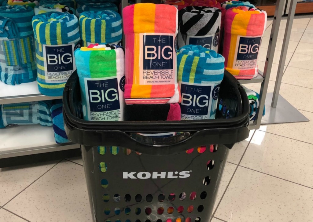 Variety of prints of Kohl's Beach Towels in store in basket