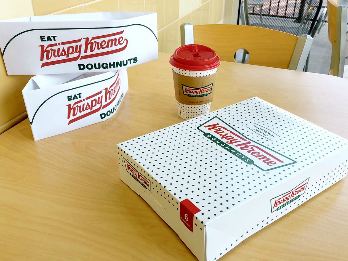 Krispy Kreme Box with Coffee and Hats