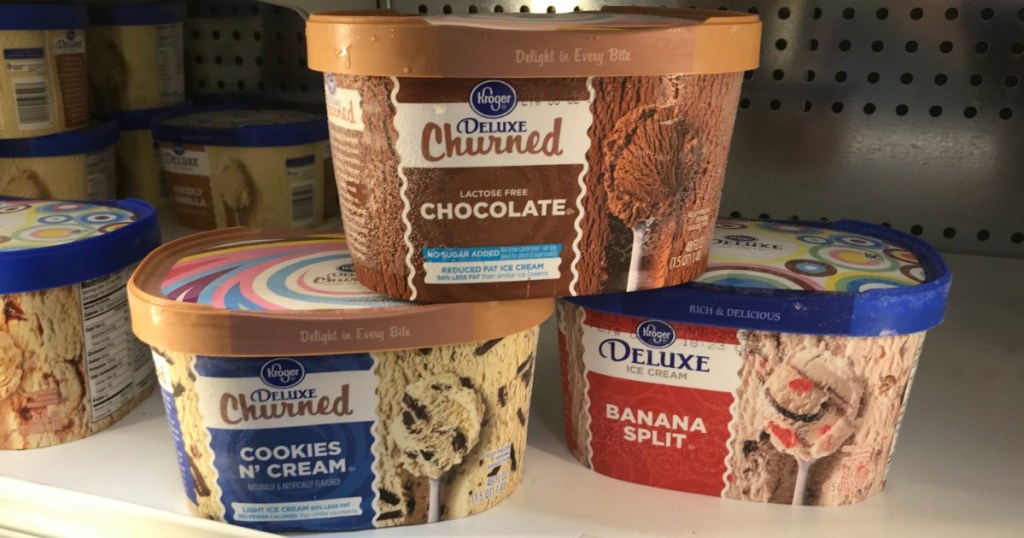 Kroger Deluxe Ice Cream cartons in freezer