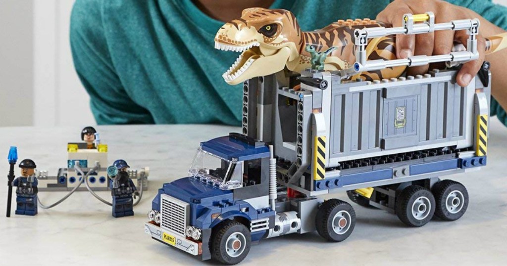 jurassic world LEGO set with truck and dinosaur