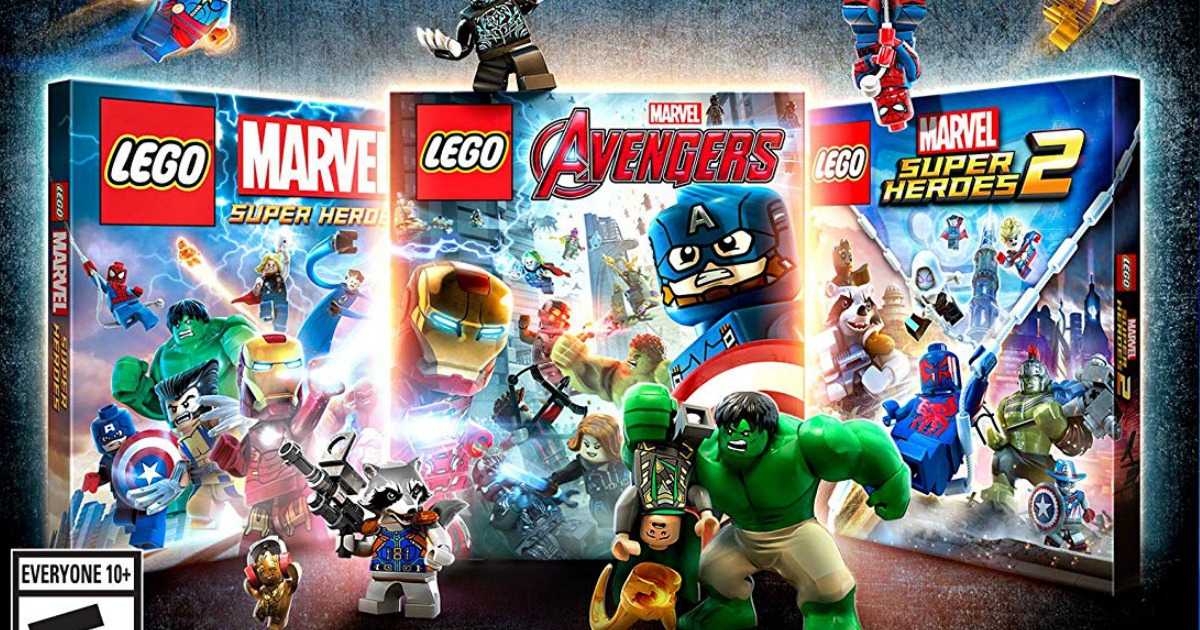 three LEGO Marvel video games with various characters playing around them