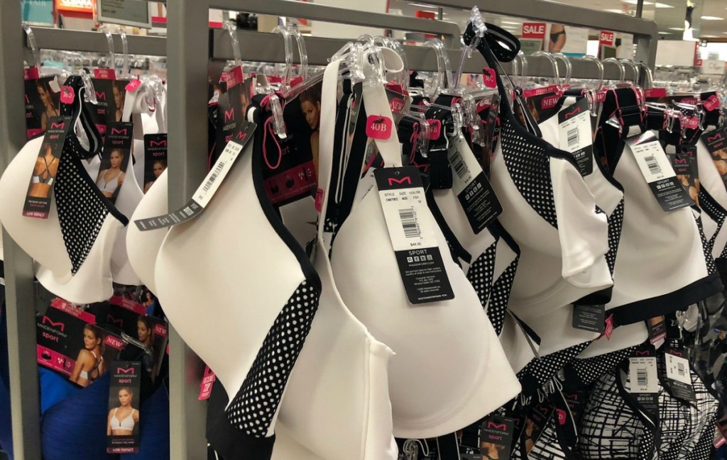 Maidenform-brand sports bras on rack in-store