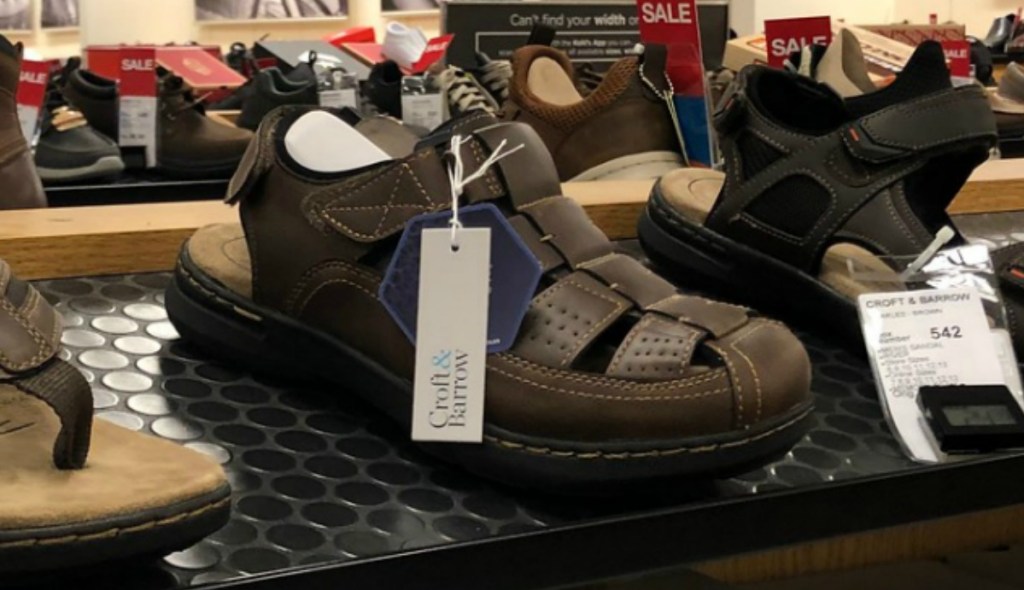 Men's sandals on display at Kohl's in shoe department