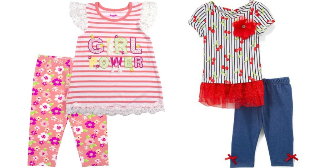 Girls matching shirt and tight sets featuring stipe & floral print or cherries with stripes print