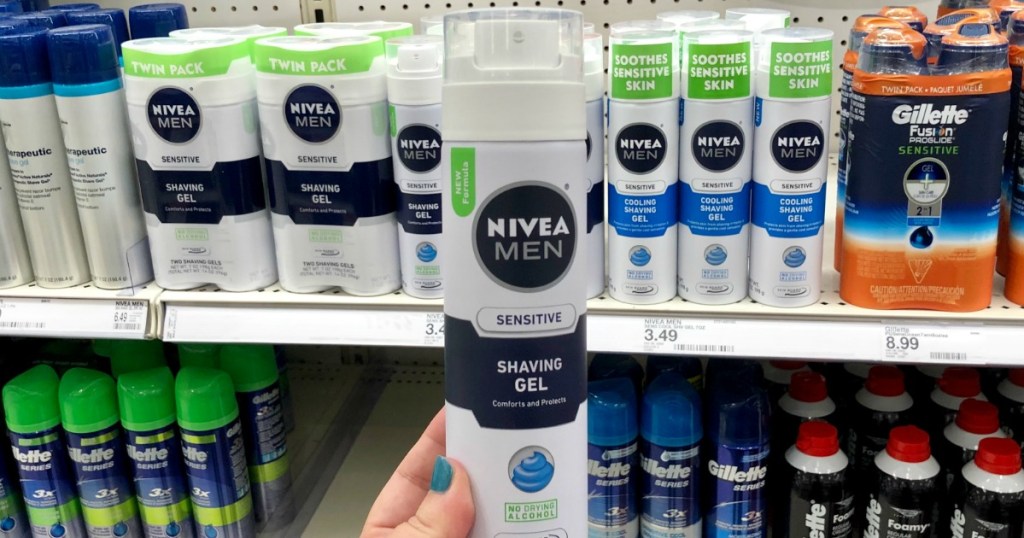 hand holding up Nivea Men Sensitive Shaving Gel