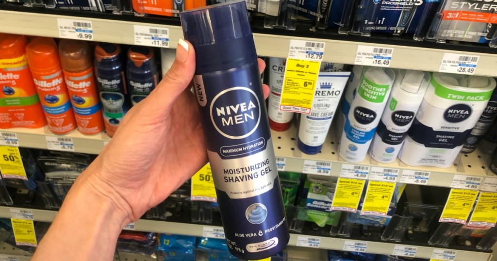 Nivea Men's Shave Gel in hand in CVS store