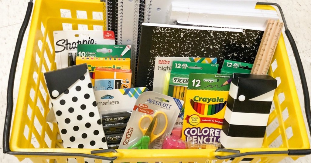 Basket full of school supplies at Office Depot