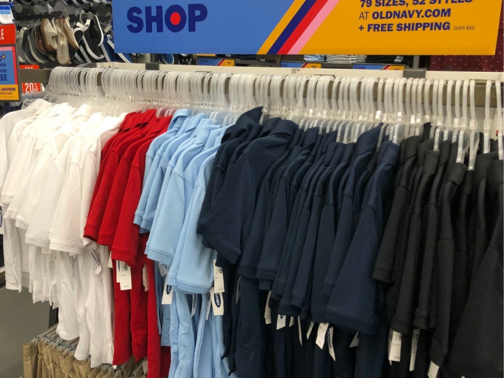 Old Navy Uniform Polos Hanging on Rack