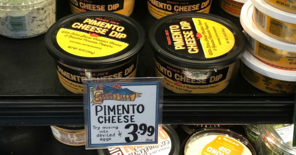 Trader Joe's Pimento Cheese Dip on store shelf with price tag