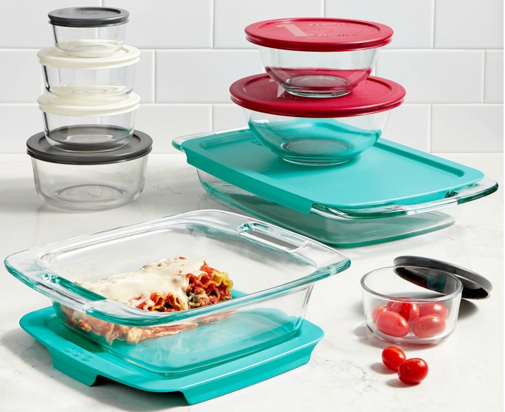 Large Pyrex food storage set with colorful coordinating tops