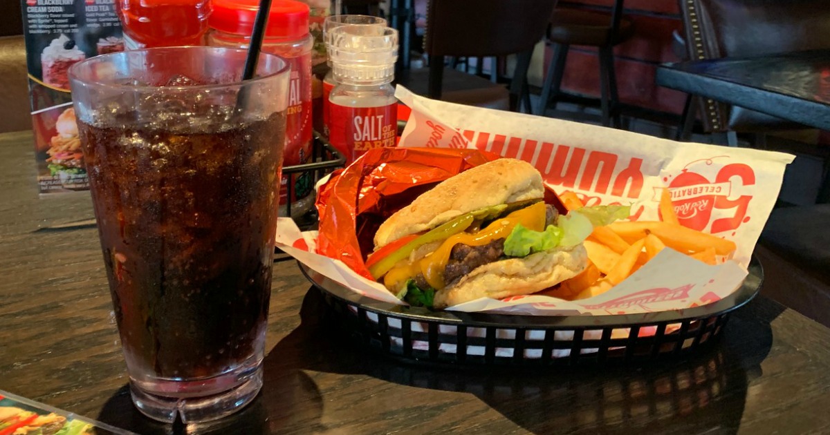 red Robin Burger basket next to drink