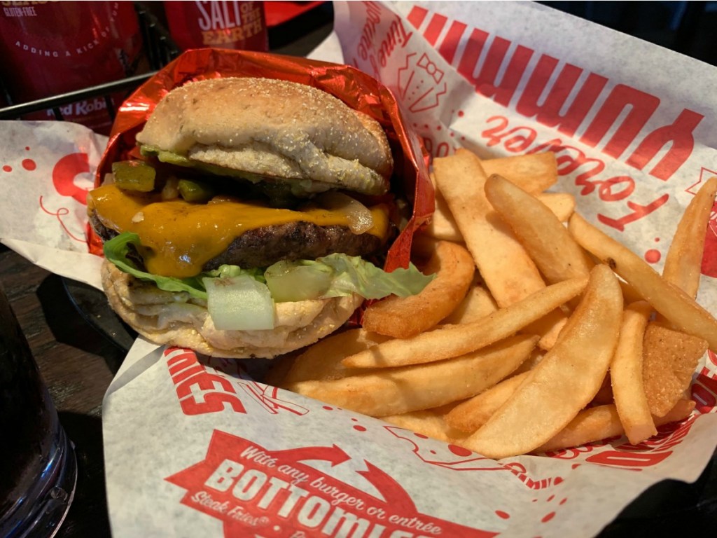 Red Robin Burger in basket next to steak fries