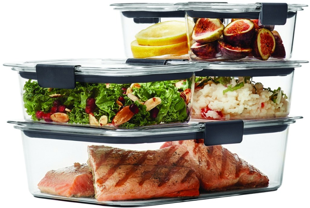 10-piece set of clear Rubbermaid food storage containers with grilled salmon and sides