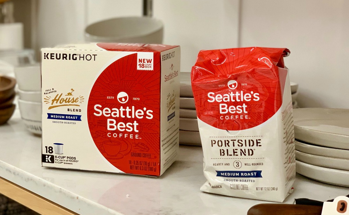 Package of Seattle's Best K-Cups and Ground Coffee on kitchen counter