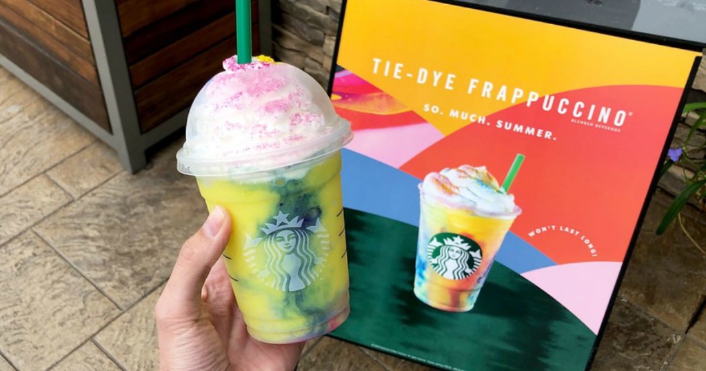 Starbucks Tie-Dye Frappuccino Crème Blended Beverage being held by a woman's hand