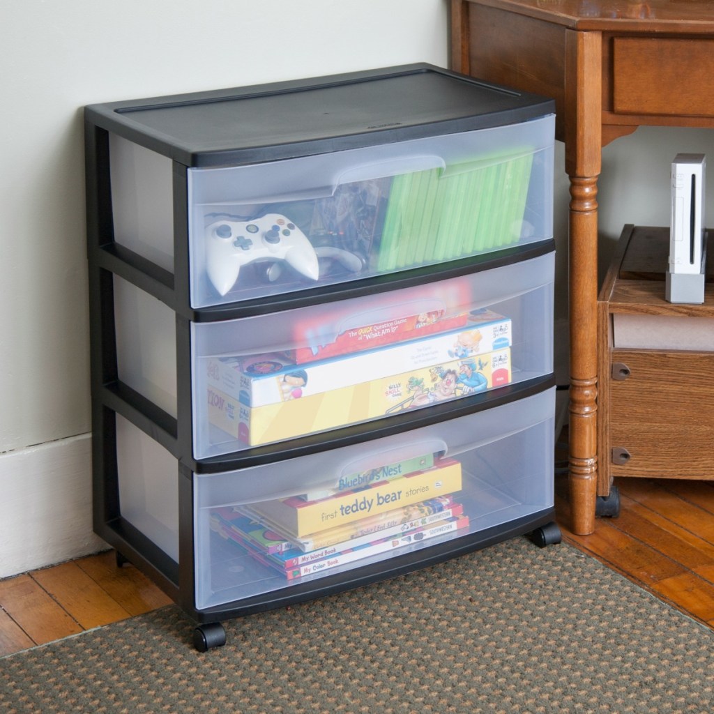 clear and black storage cart with wide plastic drawers