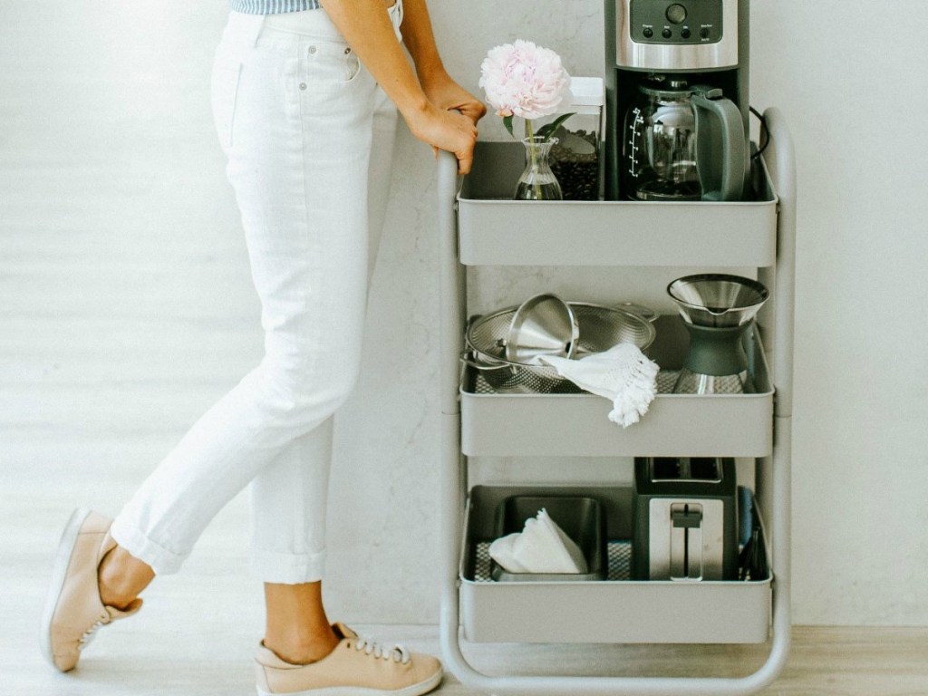 Metal 3-drawer cart used in kitchen