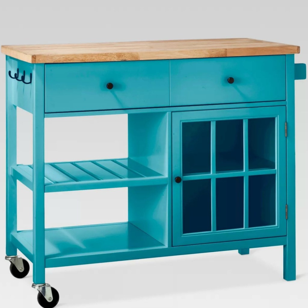 Teal kitchen island with wheels