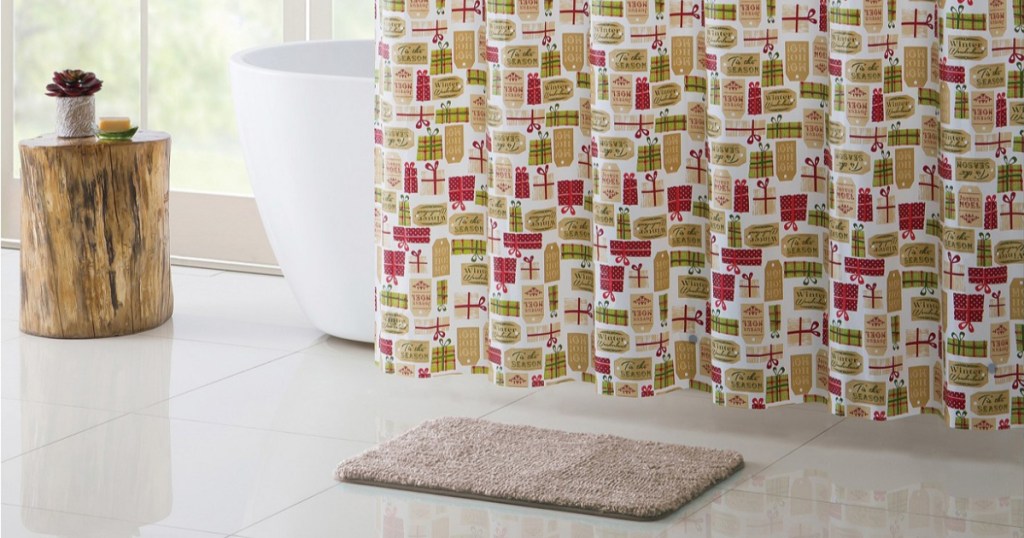 shower curtain, rug, and bathrrom decor in bathrrom