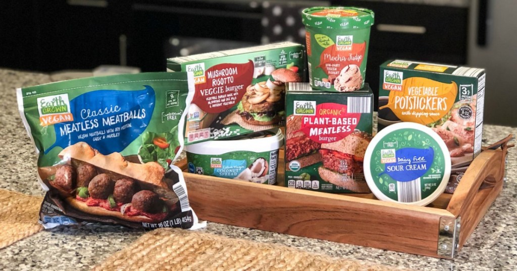 Vegan Food from ALDI on tray on home kitchen counter