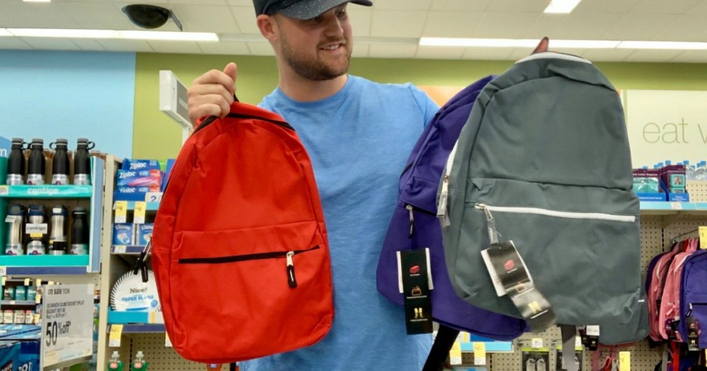 Stetson holding Wexford backpacks at Walgreens