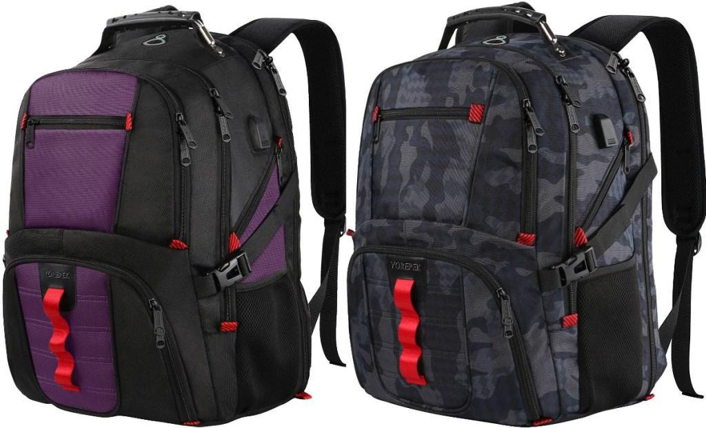 A purple backpack and a camo-print backpack