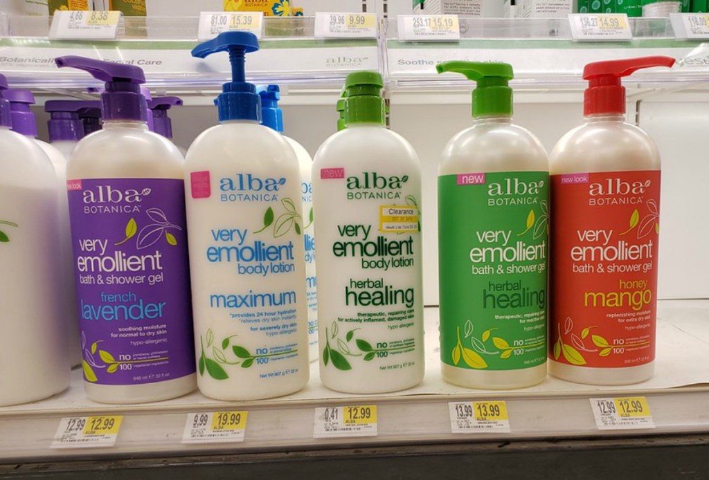 bottles of alba botanica shower gels on a target shelf