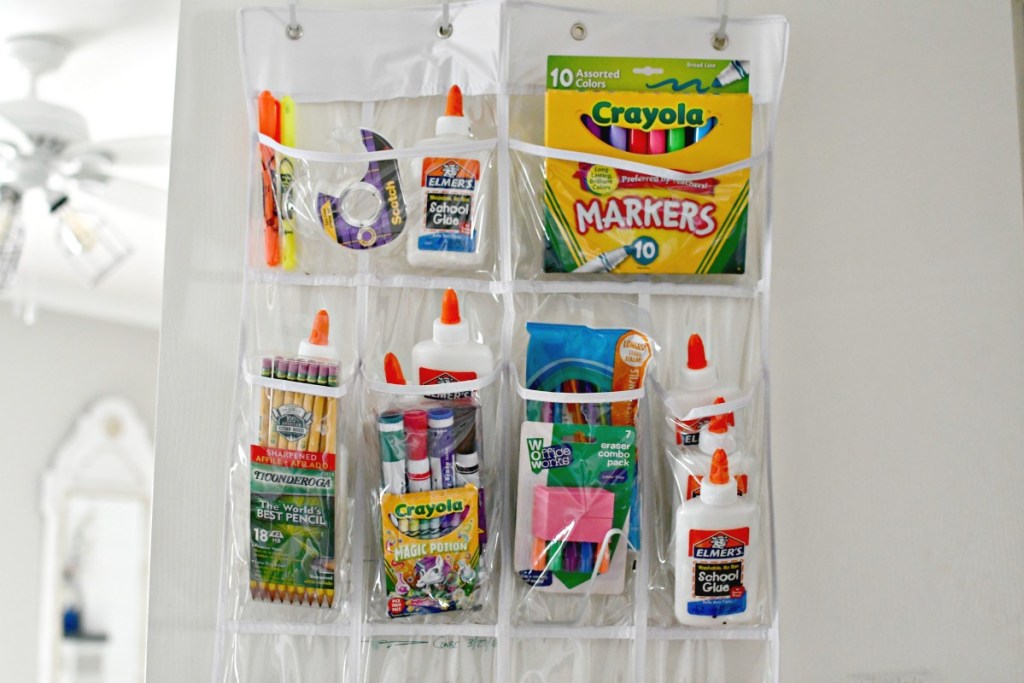 closet door shoe organizer with back to school supplies 