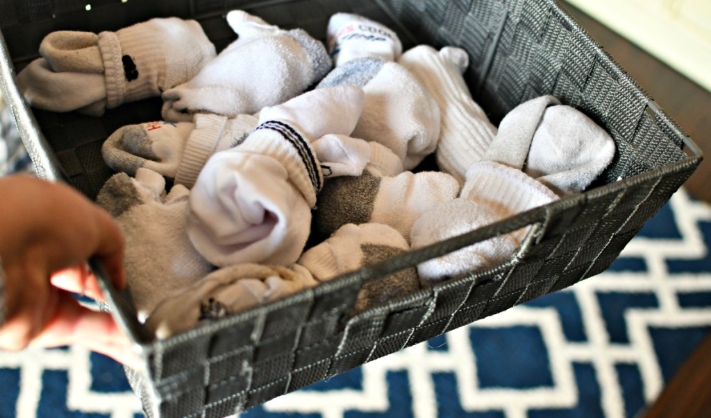 bin of socks for back to school organizing