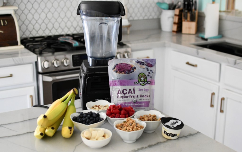 blender and ingredients to make acai bowls