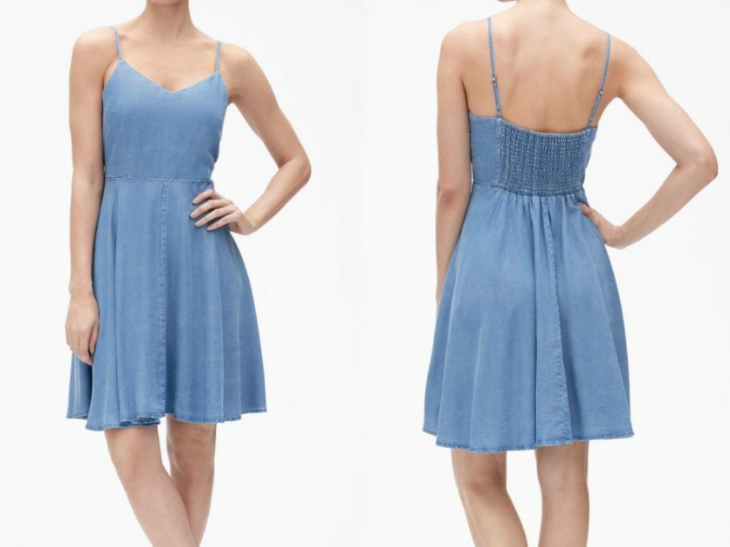 woman in blue dress showing front and back on white background