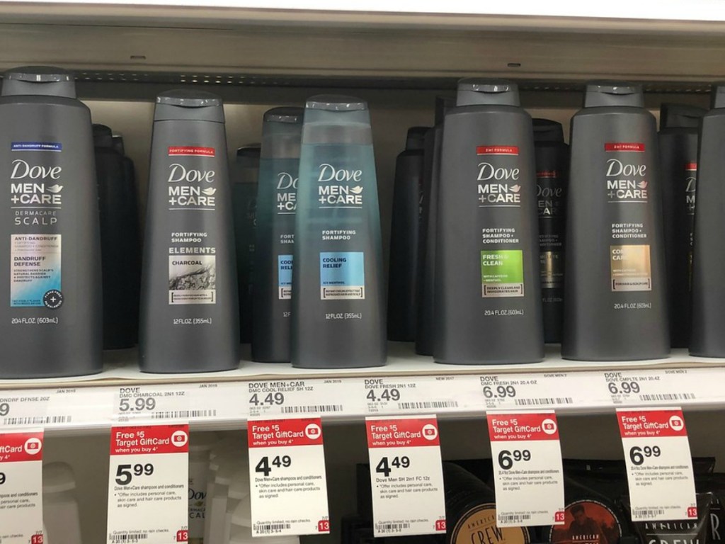 bottles of men's shampoo on store shelf