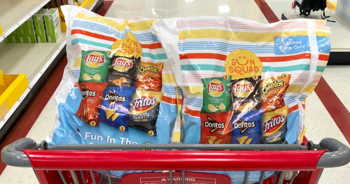 big bags of snack size chips in store grocery cart