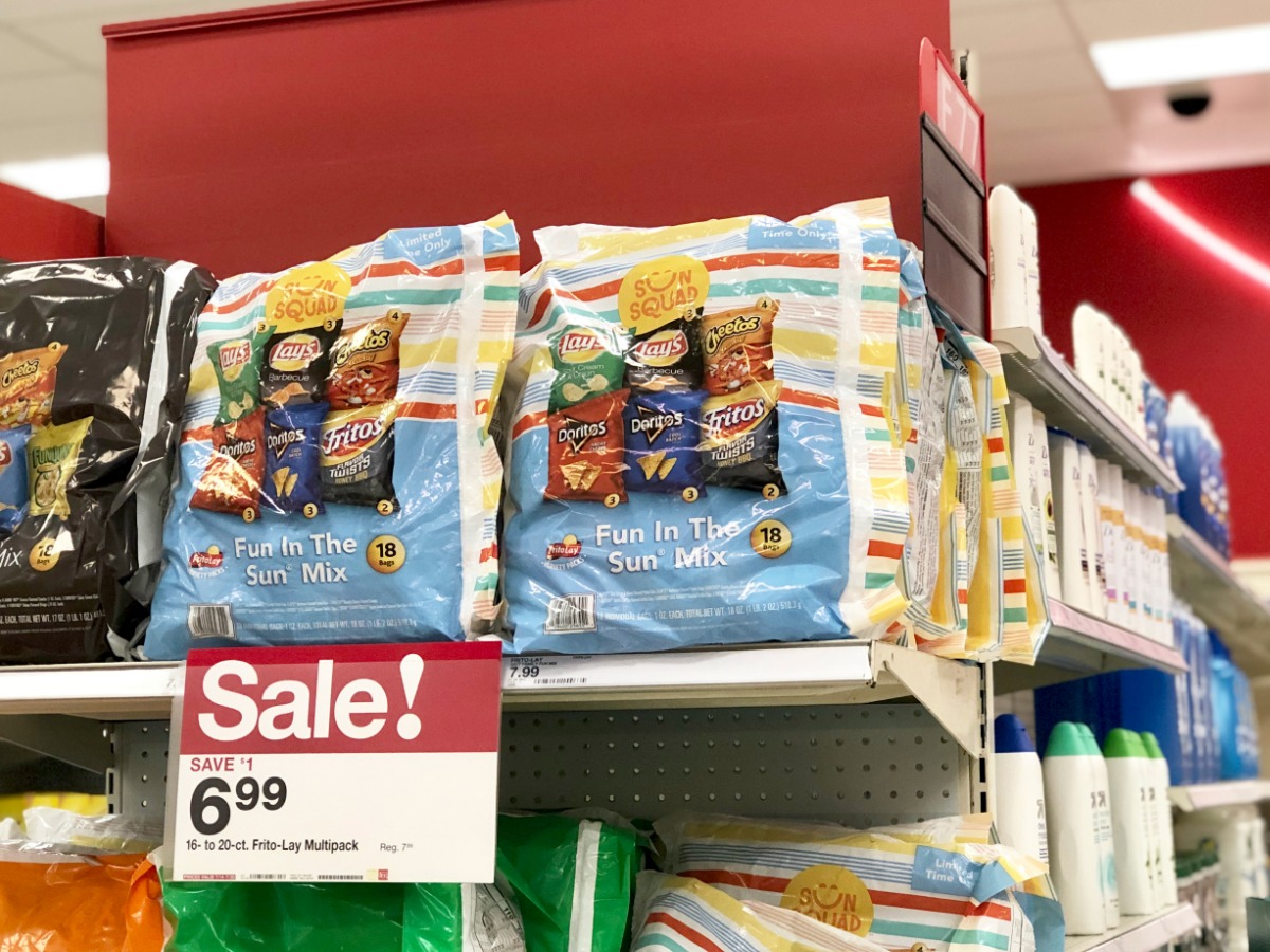 store shelf with packages of chips