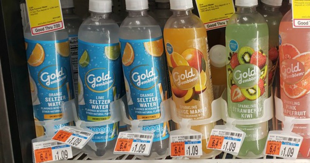 row of gold emblem unsweetened seltzer water at CVS