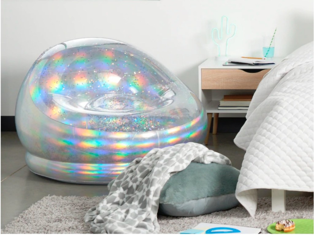 silver inflatable chair in bedroom